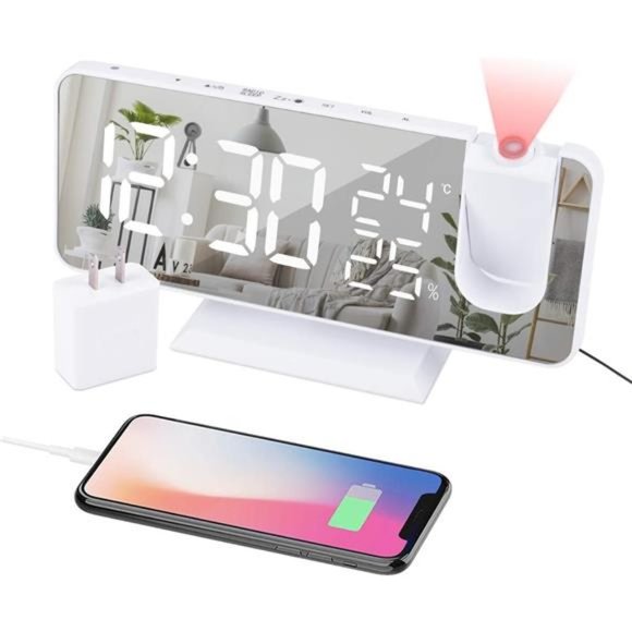 Projection Alarm Clock for Bedroom Ceiling Digital Clock Radio with USB Charger